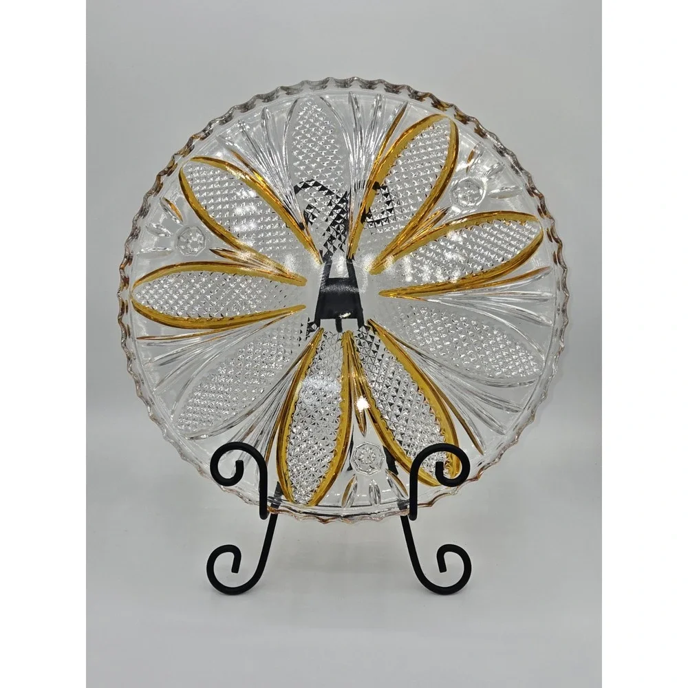 Bohemian Crystal Diamond Cut Footed Cake Plate Orange & Clear‎ Vintage